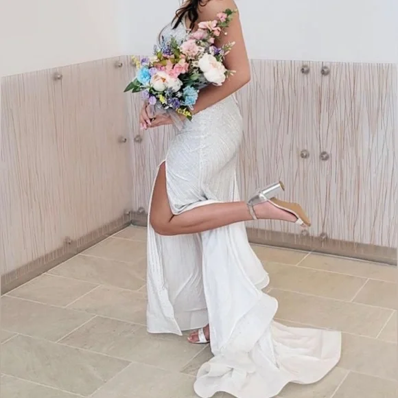 Dresses | White Long Beaded Prom Dress | Poshmark
